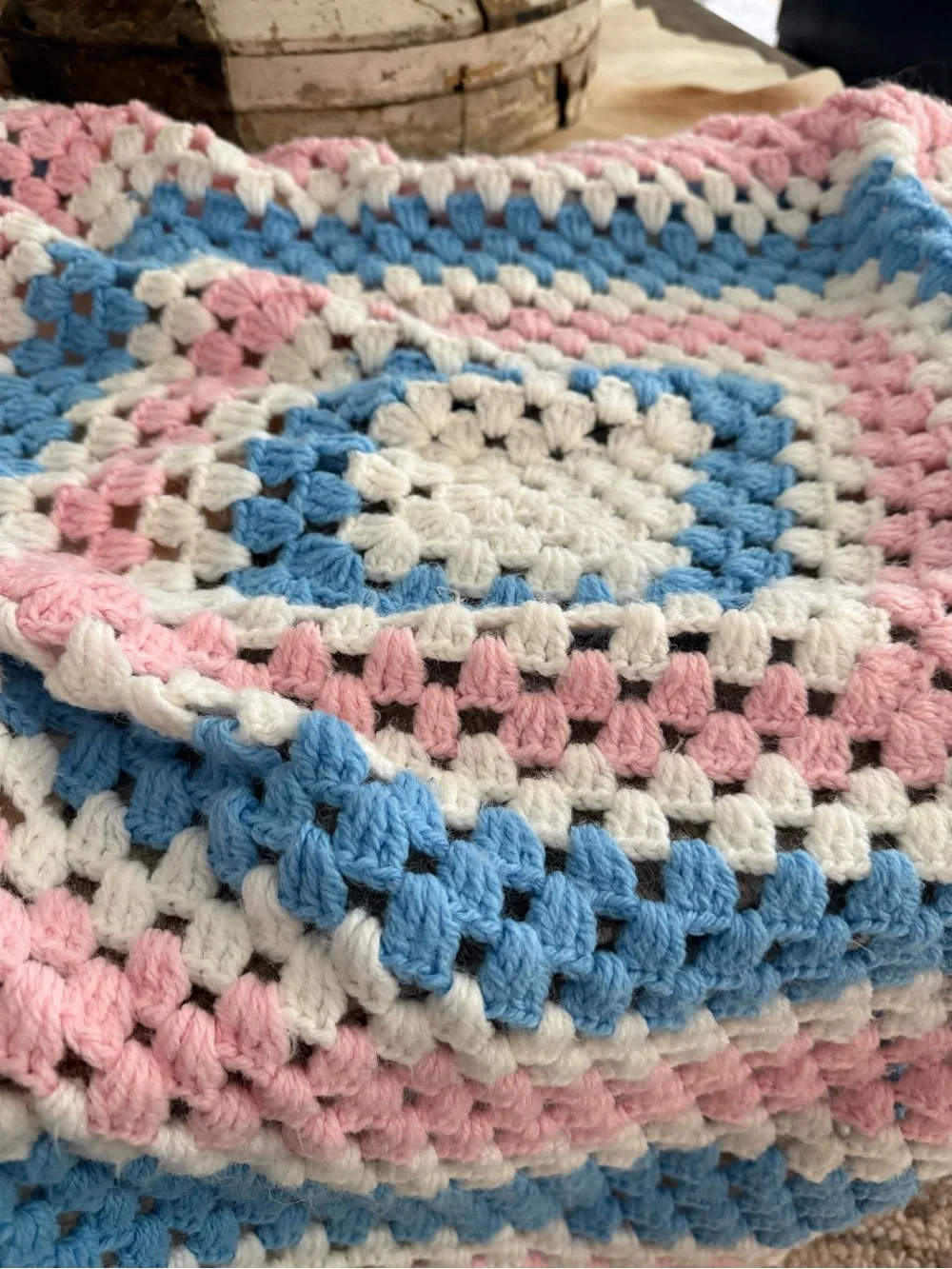 Handmade Crochet Granny Square Blanket - Pink, Blue & White